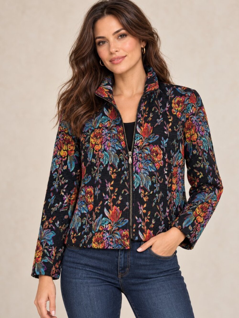 Coldwater Creek Tapestry Jacket XS Floral Jacquard Zip Fall Boho Cottagecore